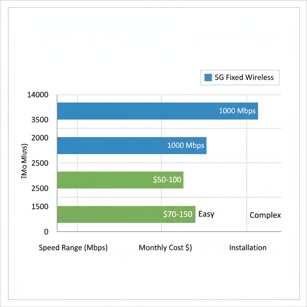 Bar chart comparing speeds, costs, and installation of 5G fixed wireless versus fiber optic broadband in rural areas