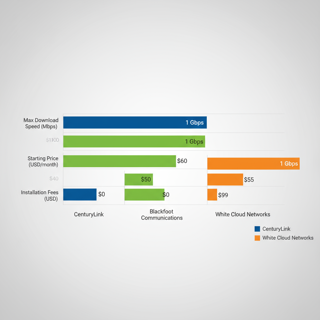 Horizontal bar chart comparing fiber internet providers in Blackfoot, ID by speed, price, and installation fees