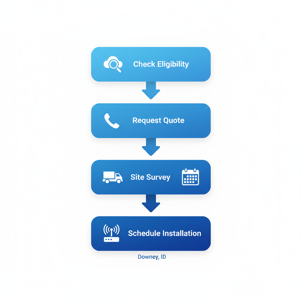 Vertical diagram illustrating the five-step process to connect White Cloud Networks internet service in Downey, Idaho, featuring icons for eligibility check, quote request, site survey, installation scheduling, and Wi-Fi activation.