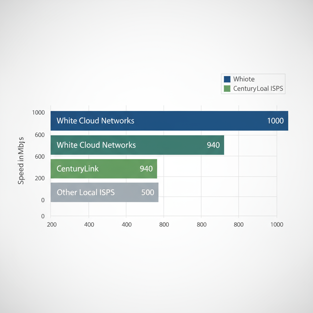 Horizontal bar chart comparing internet speeds of providers in Inkom: White Cloud Networks at 1000 Mbps in blue, CenturyLink at 940 Mbps in green, and others at 500 Mbps in gray.