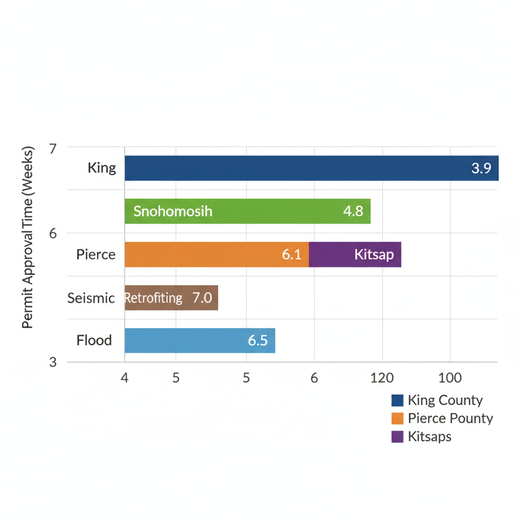 Horizontal bar chart comparing permit approval times and climate factors for custom home building in Puget Sound counties: King, Snohomish, Pierce, and Kitsap.