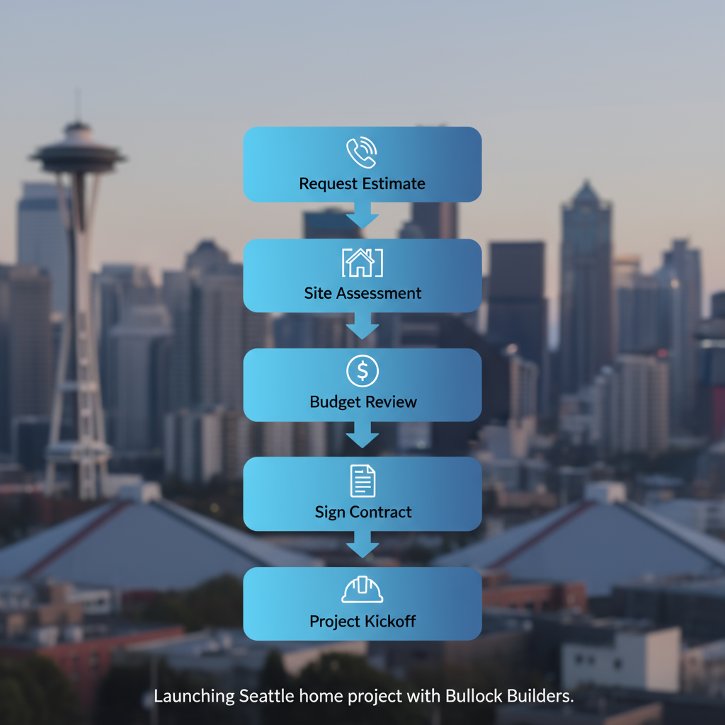 Vertical process flow diagram showing five key steps to launch a Seattle home project: request estimate, site assessment, budget review, contract signing, and project kickoff with relevant icons.