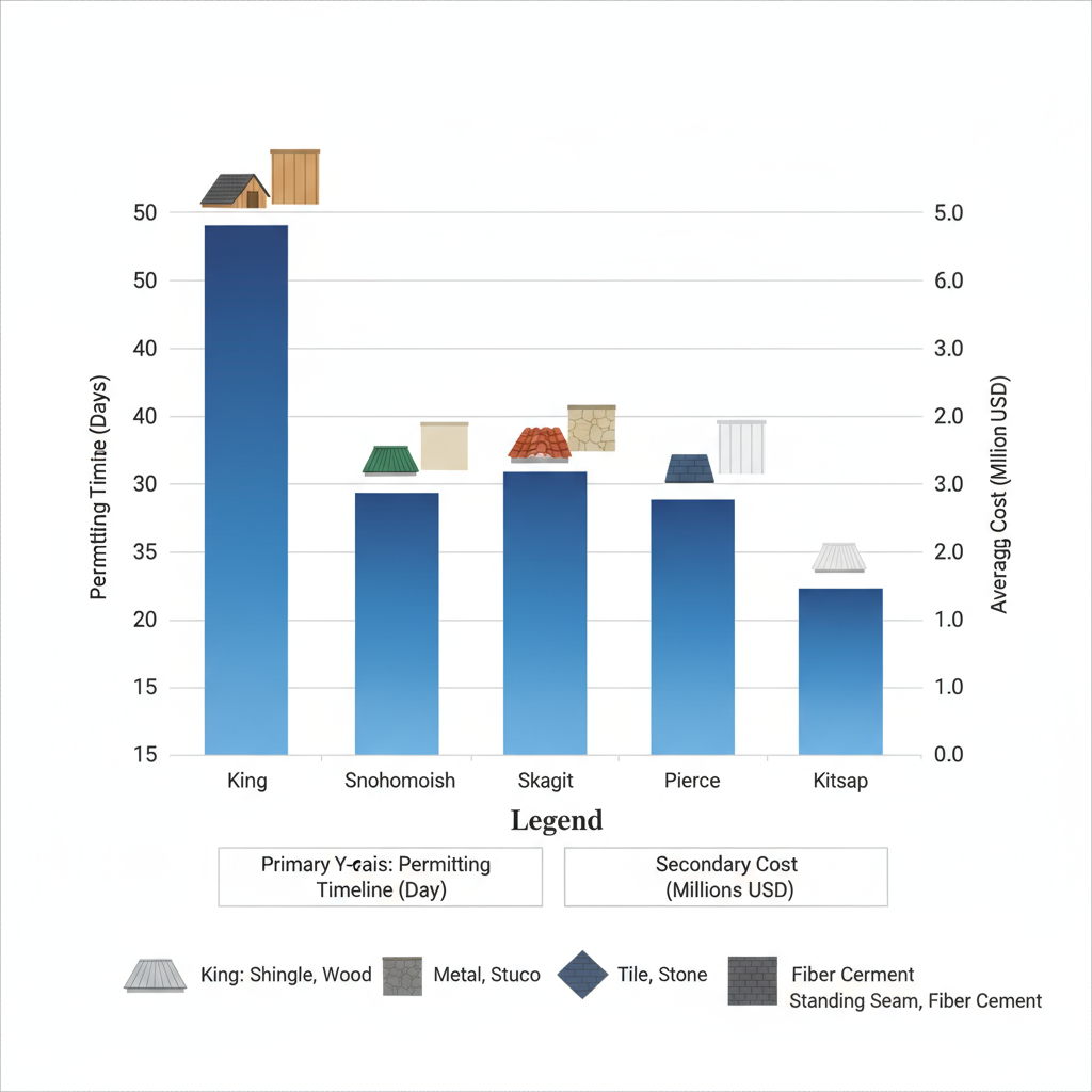 Bar chart comparing custom home building permitting timelines and costs in Puget Sound counties with material icons