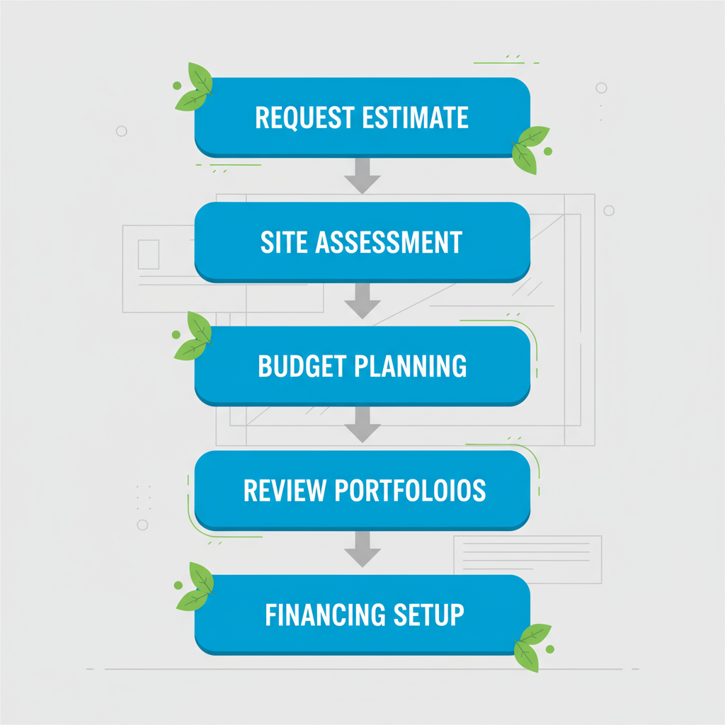 Vertical process flow diagram illustrating five key steps for starting a custom home project in Seattle, including request estimate, site assessment, budgeting, review portfolios, and financing setup.