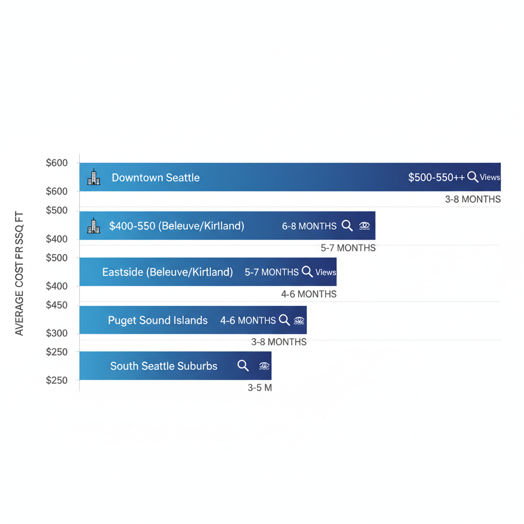 Bar chart comparing average costs and build times for custom home building in key Seattle areas