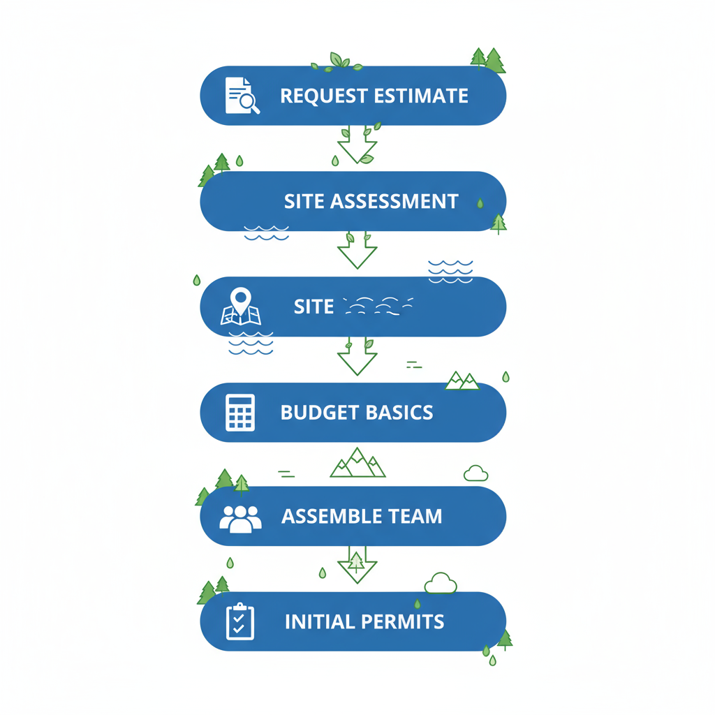 Vertical process flow diagram illustrating five key steps to initiate a custom home project in Seattle, including estimate request, site assessment, budgeting, team assembly, and permits navigation.