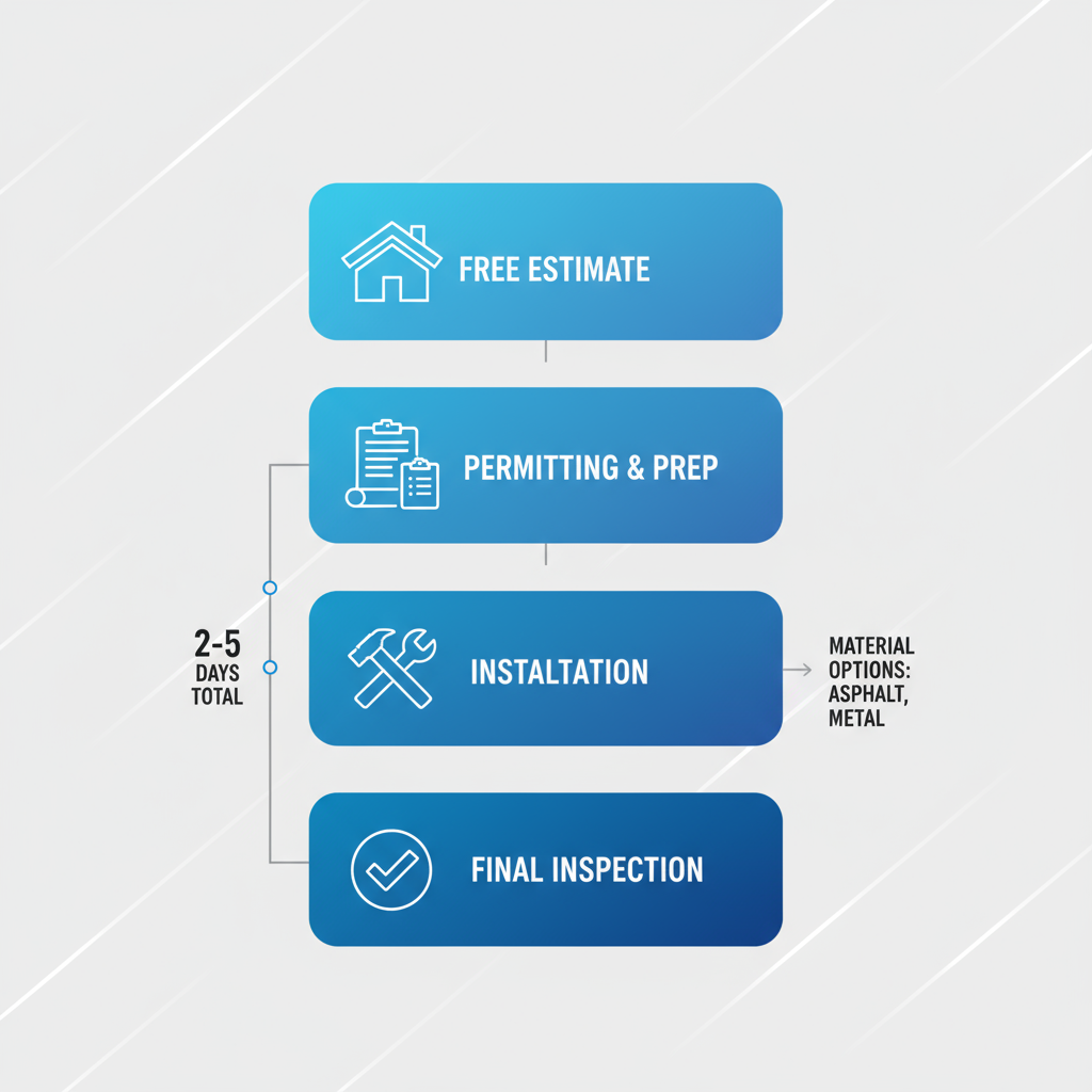 Visual process flow diagram showing four stages of roof replacement by Bullock Builders: free estimate, permitting and preparation, installation, and final inspection.