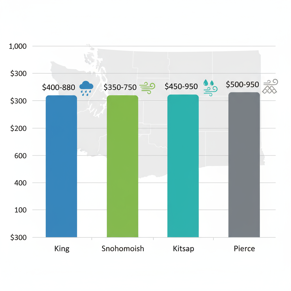 Bar chart illustrating average minor roof repair cost ranges by county in the Puget Sound region, featuring icons for common issues like moisture and wind damage.