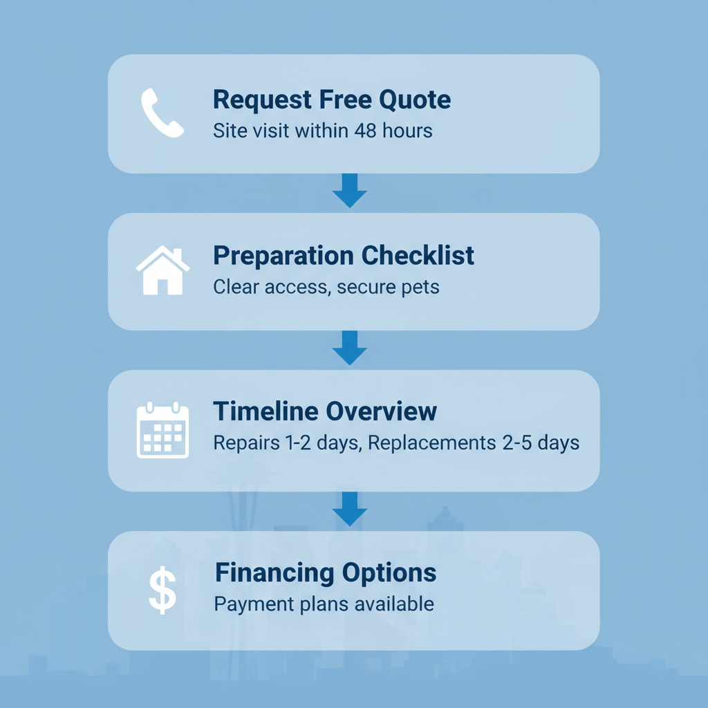 Vertical process flow diagram illustrating steps to schedule roof repair with Bullock Builders in Seattle