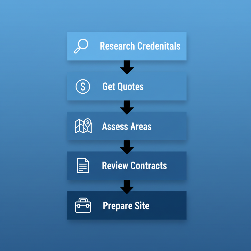 Vertical process flow illustrating five steps to hire a siding contractor in Seattle with icons for research, quotes, areas, contracts, and preparation.