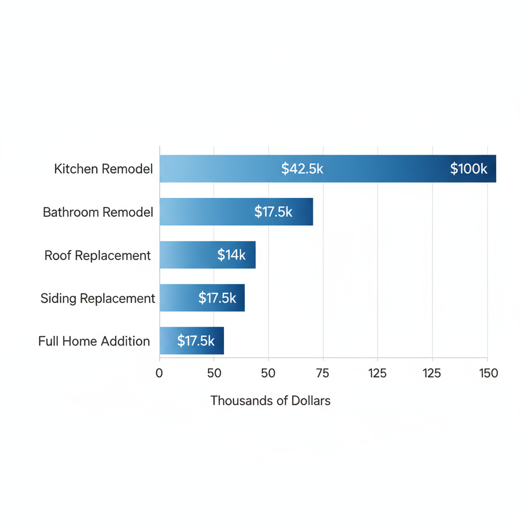 Horizontal bar chart displaying average cost ranges for Seattle home remodeling projects including kitchen, bathroom, roof replacement, siding, and full addition.