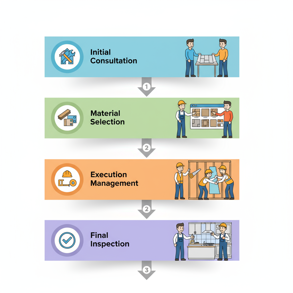 Vertical process flow diagram illustrating four stages of home remodeling in Seattle: initial consultation, material selection and permitting, execution and timeline management, final inspection and warranty.