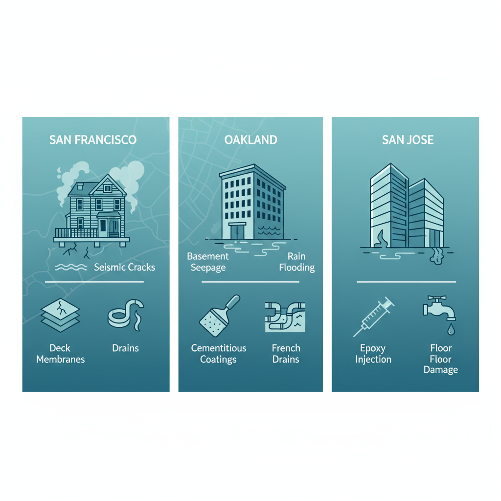 Infographic illustrating waterproofing challenges and solutions in San Francisco, Oakland, and San Jose for Bay Area properties
