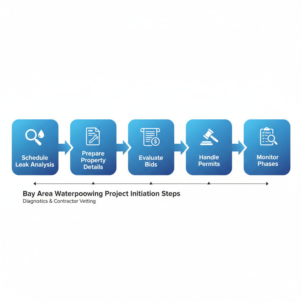 Horizontal process flow diagram showing five steps to start a Bay Area waterproofing project