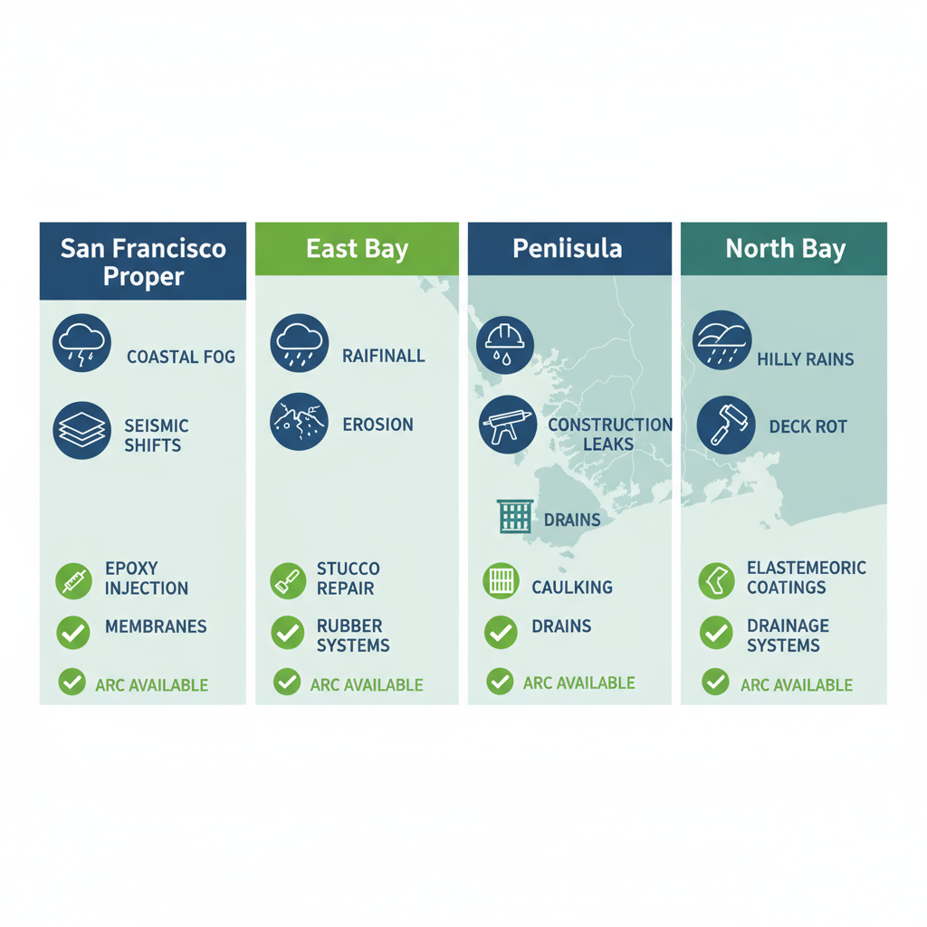 Infographic depicting waterproofing challenges and ARC solutions across San Francisco Bay Area regions