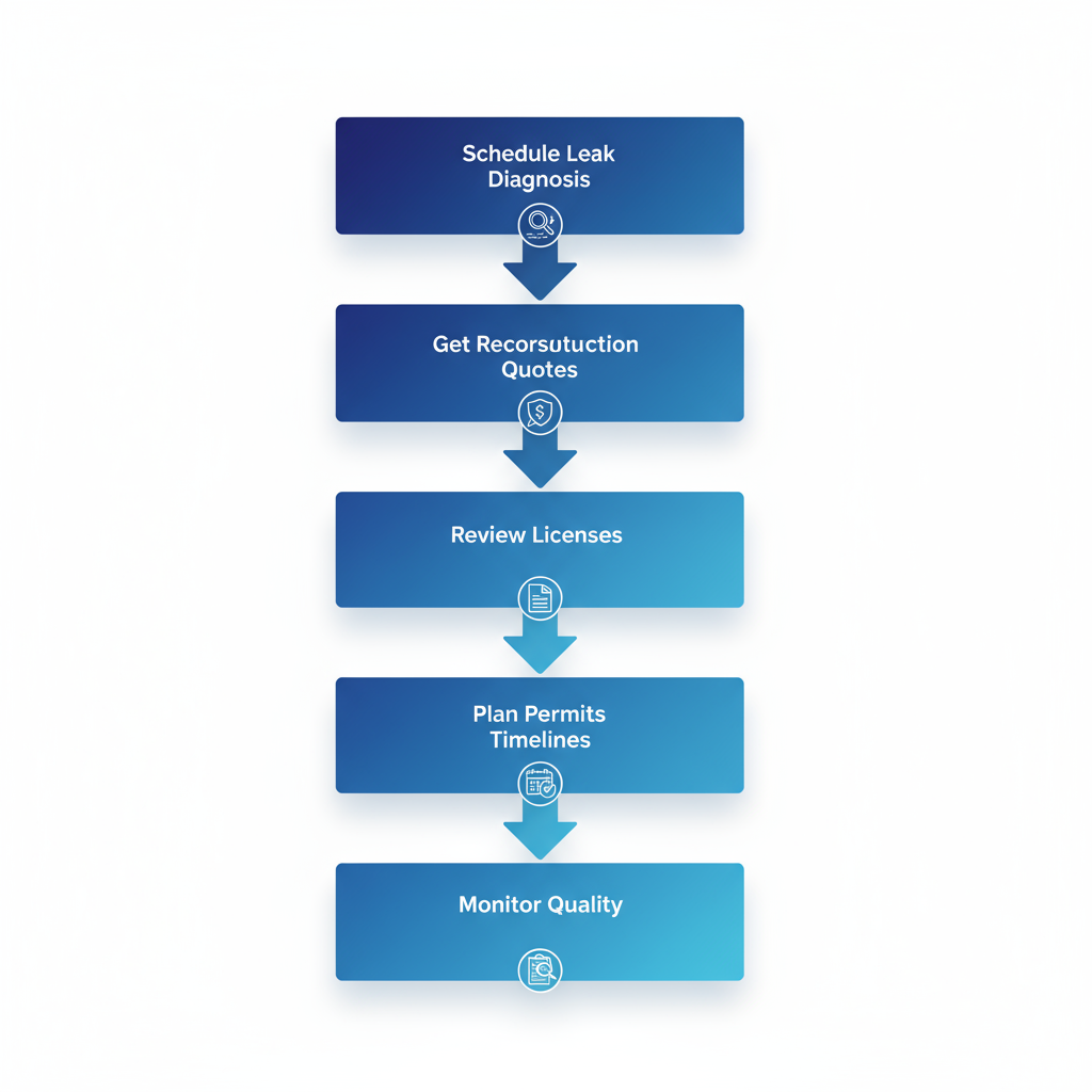 Vertical process flow diagram showing five steps to initiate a concrete restoration project in the Bay Area