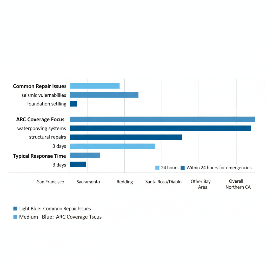 Horizontal bar chart comparing ARC building repair coverage across Northern California cities and metrics