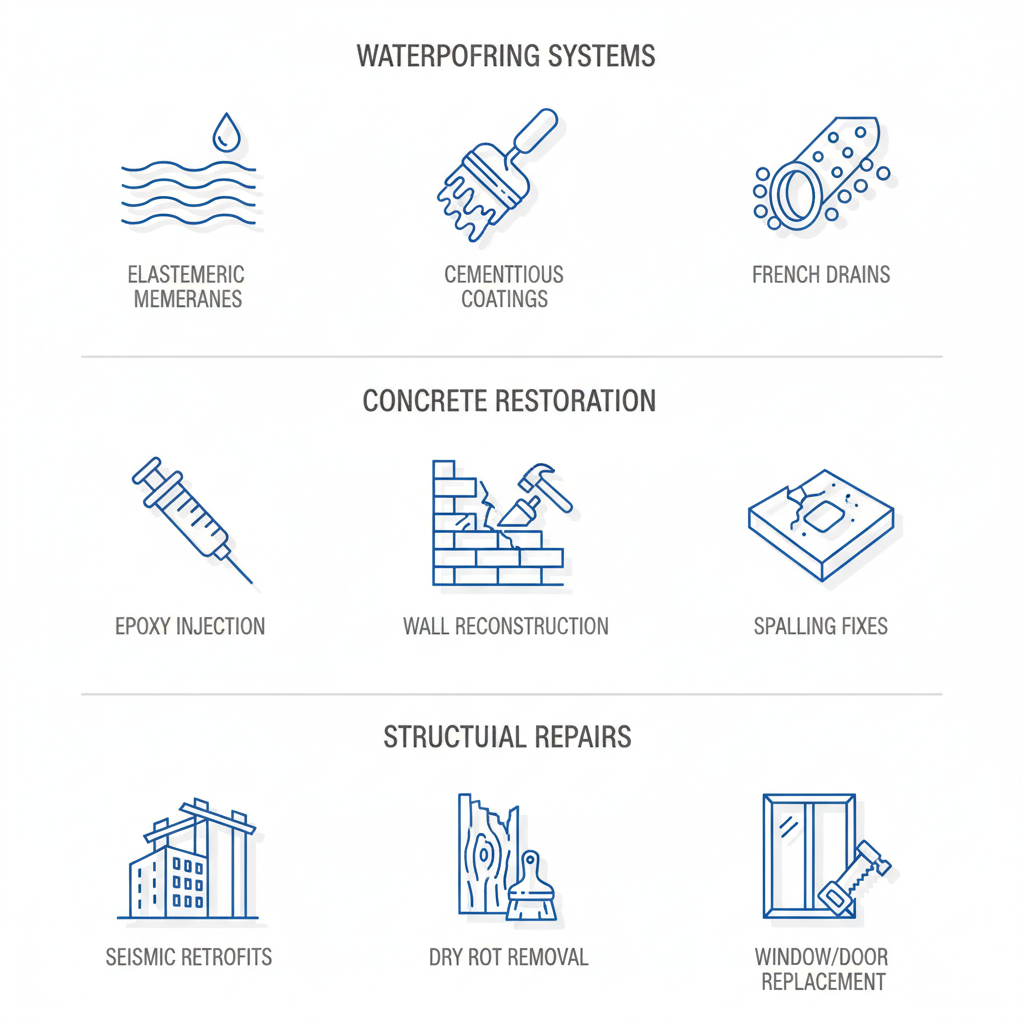 Multi-panel infographic outlining waterproofing systems, concrete restoration, and structural repairs for Bay Area buildings