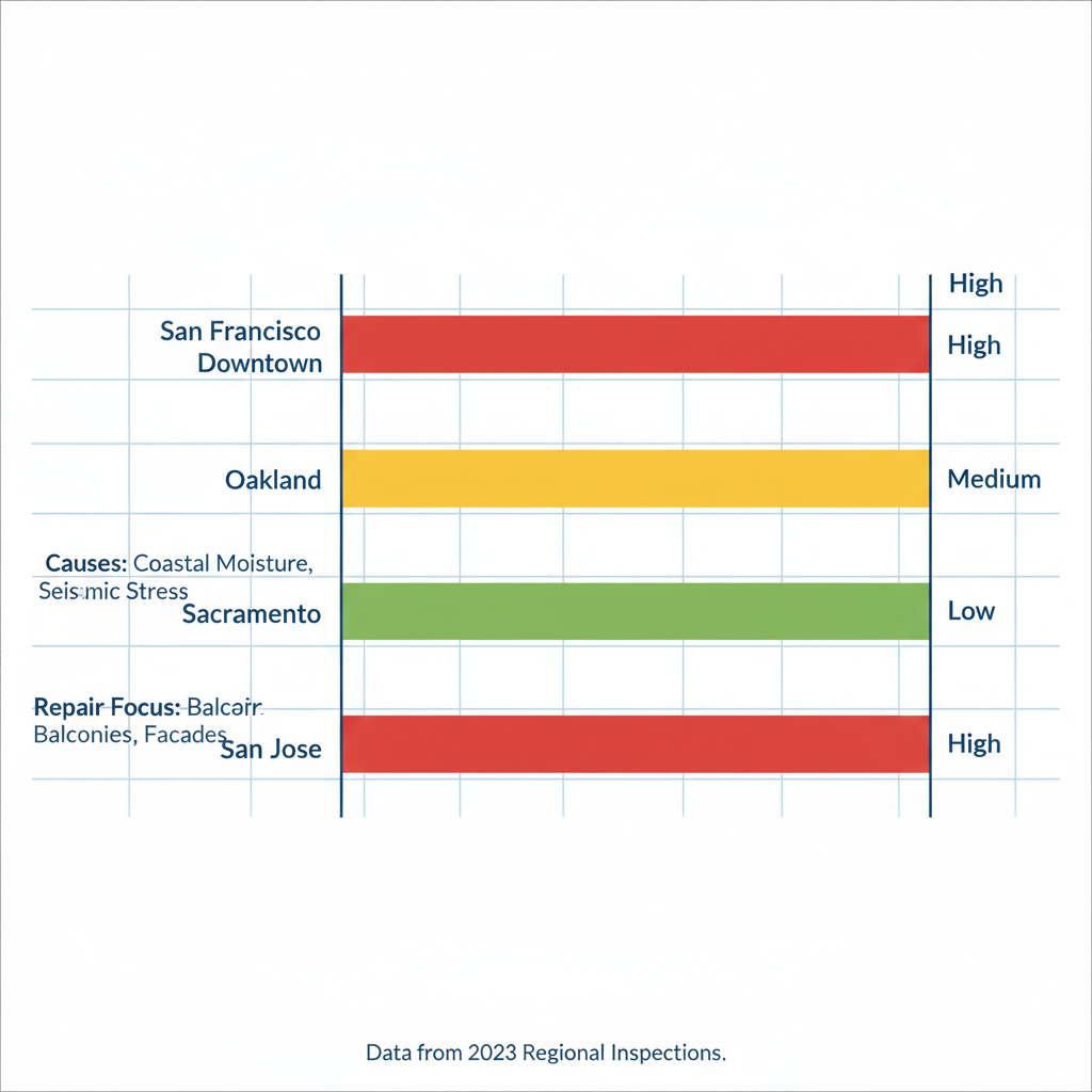 Horizontal bar chart showing spall damage levels in Bay Area neighborhoods with color-coded prevalence ratings.