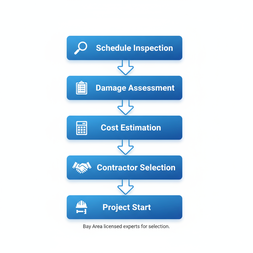 Vertical process flow diagram for initiating spall repair projects in the Bay Area, showing five stages from inspection to project start with icons.