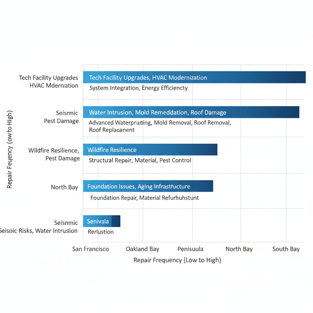 Horizontal bar chart comparing building repair demands across San Francisco Bay Area regions with common issues labeled