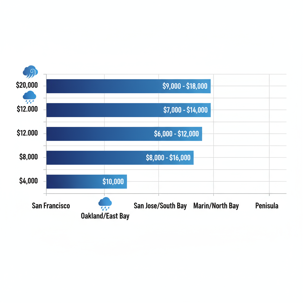 Horizontal bar chart comparing waterproofing costs across Bay Area regions: San Francisco, Oakland/East Bay, San Jose/South Bay, Marin/North Bay, and Peninsula with gradient blue bars and issue icons.