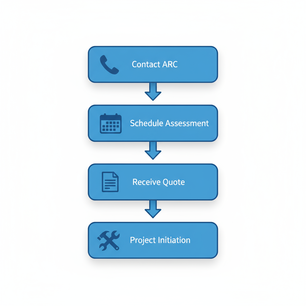 Vertical process flow diagram illustrating four steps to start ARC services: contact, schedule assessment, receive quote, and project initiation with icons.