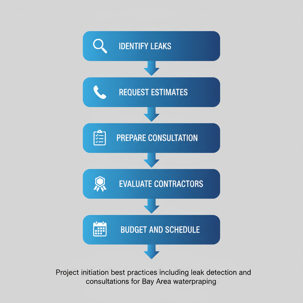 Vertical process flow illustrating five key stages to start a waterproofing project: identify leaks, request estimates, prepare consultation, evaluate contractors, and budget and schedule.
