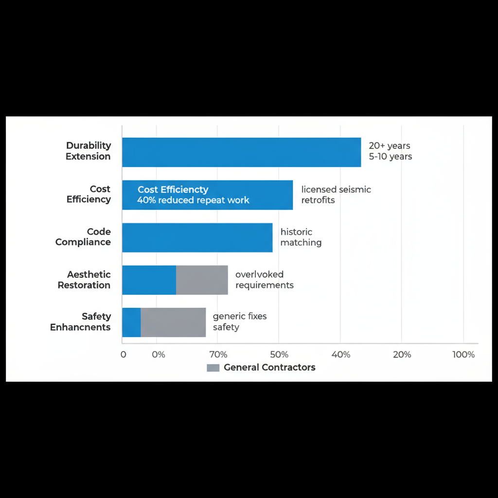 Horizontal bar chart comparing ARC professional restoration benefits to general contractors in durability, cost efficiency, code compliance, aesthetics, and safety for Bay Area properties