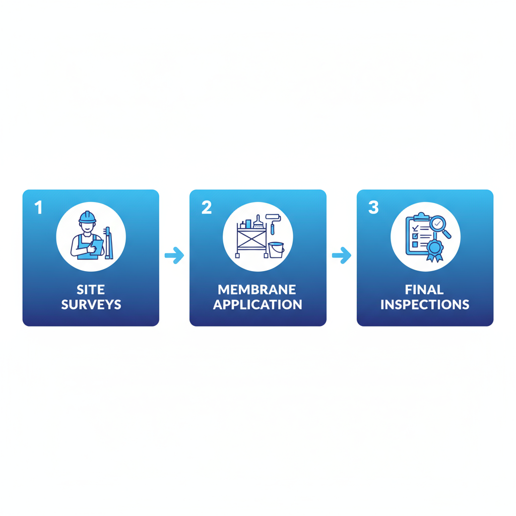 Horizontal process flow diagram of three restoration stages for commercial buildings