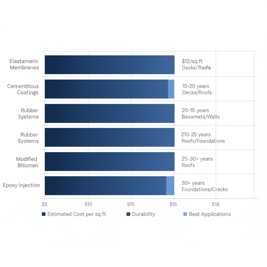 Horizontal bar chart comparing costs, durability, and applications of waterproofing methods for Oakland properties