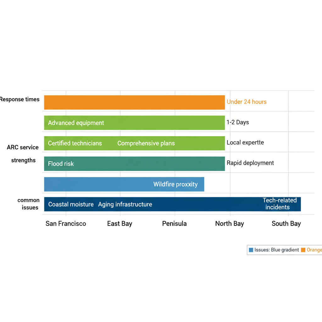 Horizontal bar chart comparing restoration challenges, services, and response times across Bay Area sub-regions