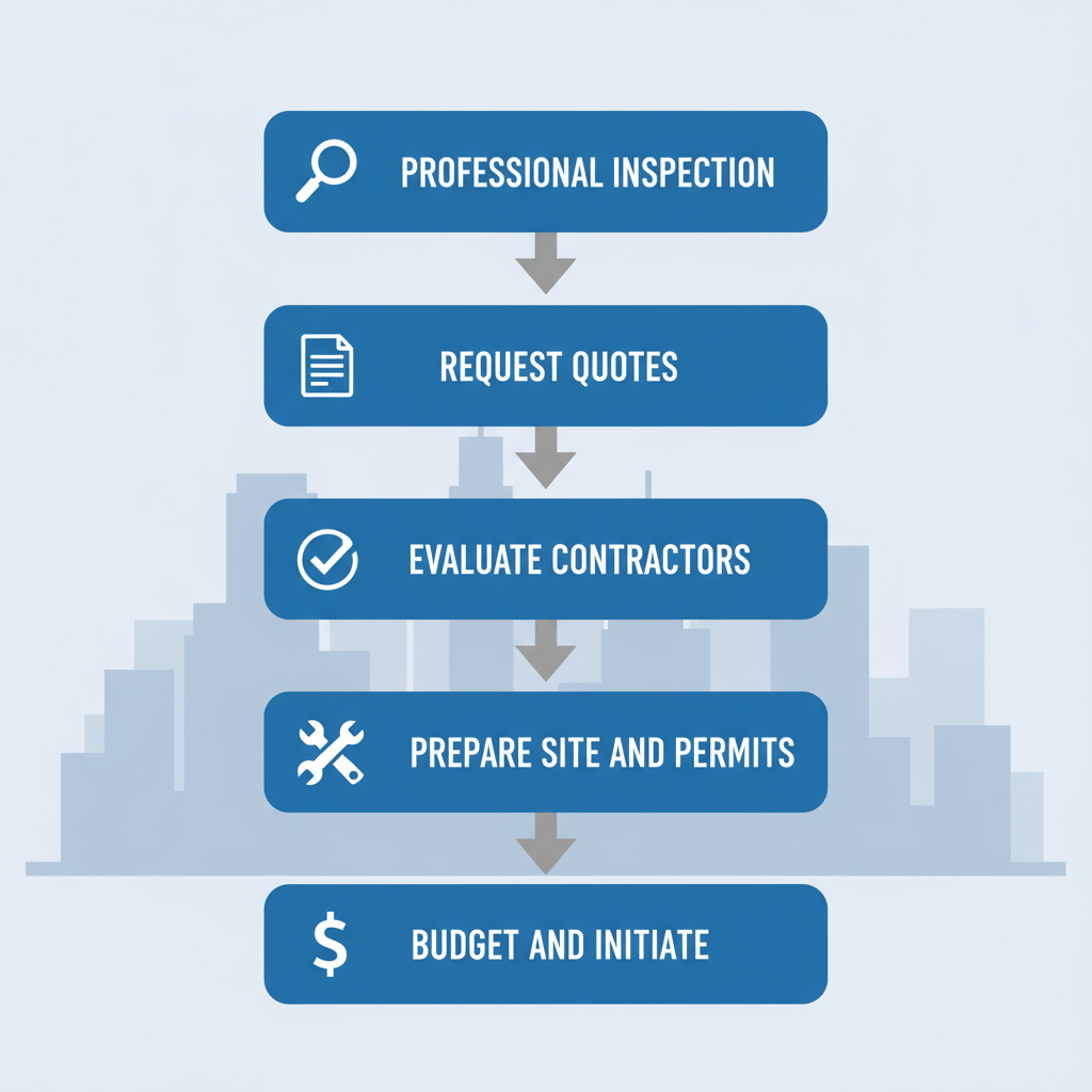 Vertical process flow diagram showing five steps to start an Oakland waterproofing project with icons and labels