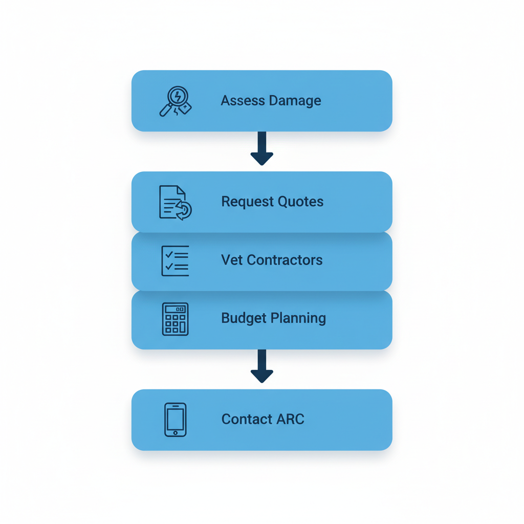 Vertical process flow illustrating five steps to start a Bay Area restoration project: assess damage, request quotes, vet contractors, budget planning, and contact ARC.