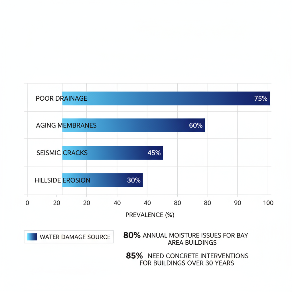 Horizontal bar chart illustrating common water damage sources in Oakland properties including poor drainage, aging membranes, seismic cracks, and hillside erosion with prevalence percentages