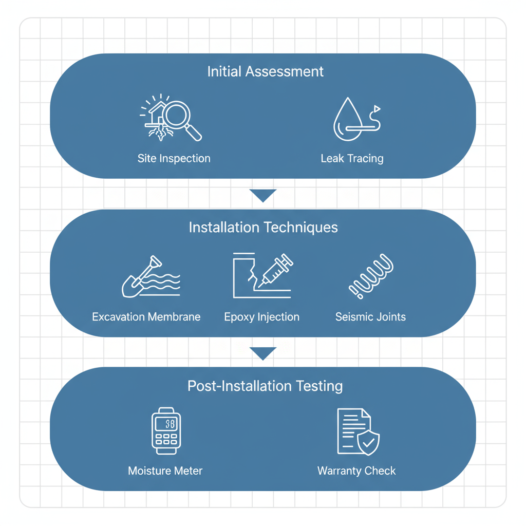 Vertical process flow diagram of three main stages in Oakland waterproofing process