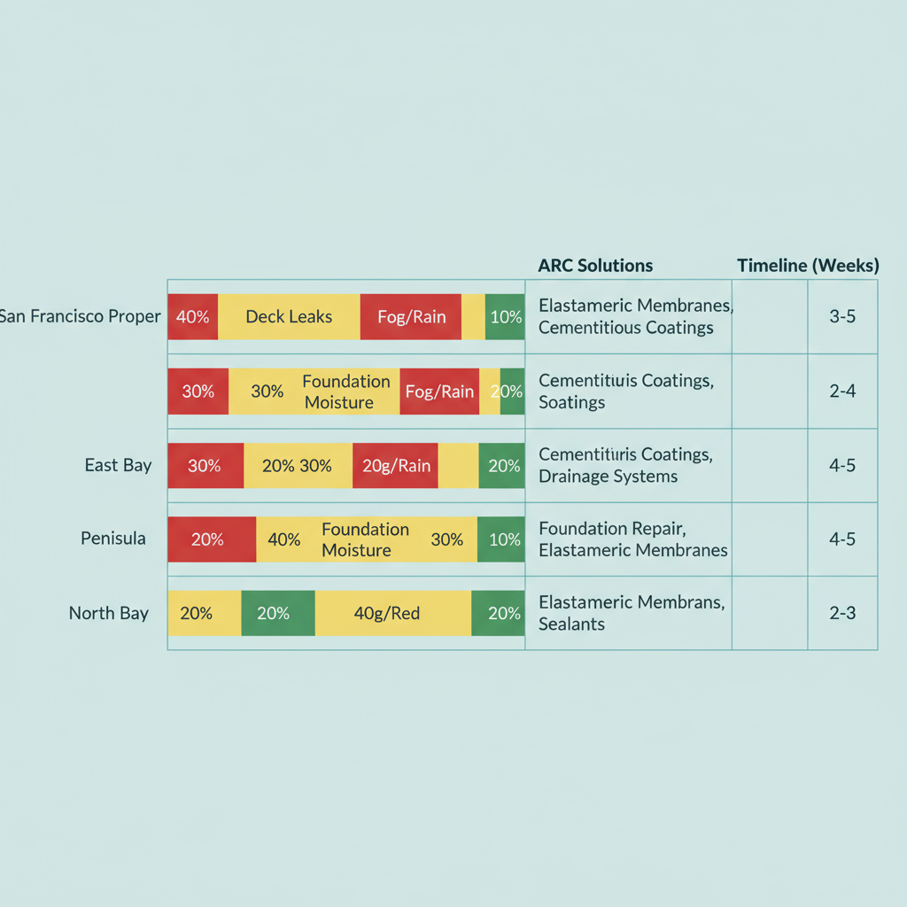 Comparison chart showing waterproofing challenges and ARC solutions across San Francisco Bay Area regions
