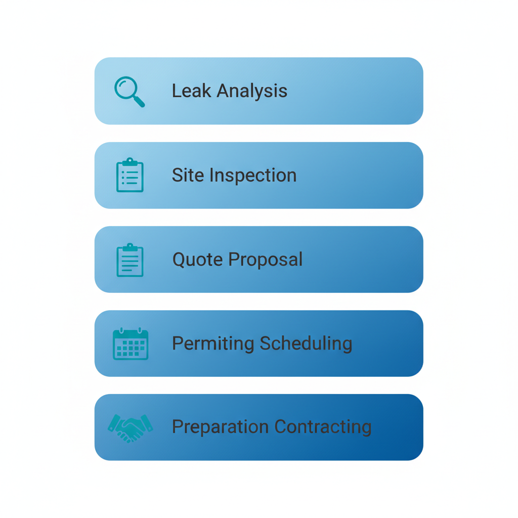 Vertical process flow diagram illustrating five key steps to initiate a waterproofing project for Bay Area properties