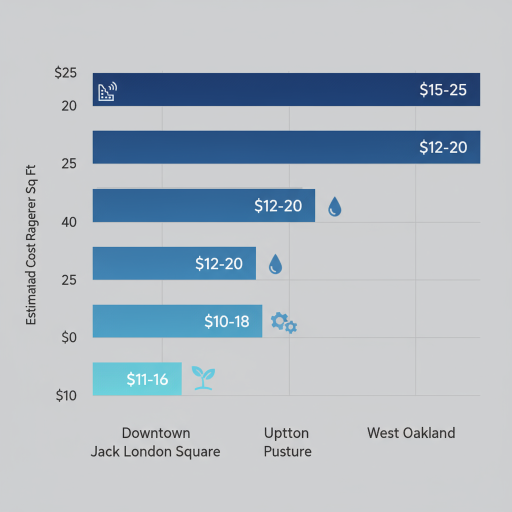 Horizontal bar chart showing restoration cost ranges per square foot across Oakland districts including Downtown, Jack London Square, Uptown, and West Oakland, with icons for common challenges.