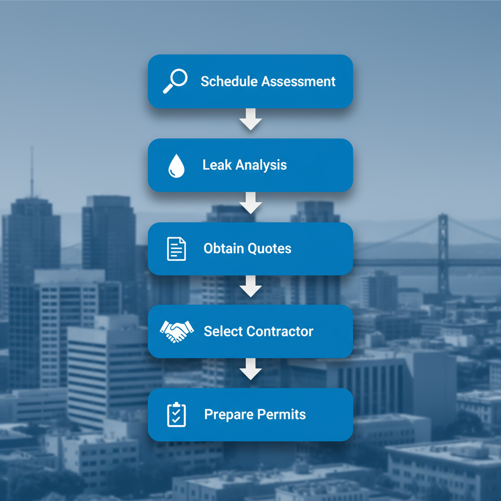 Vertical process flow diagram illustrating five steps to begin a commercial restoration project in Oakland