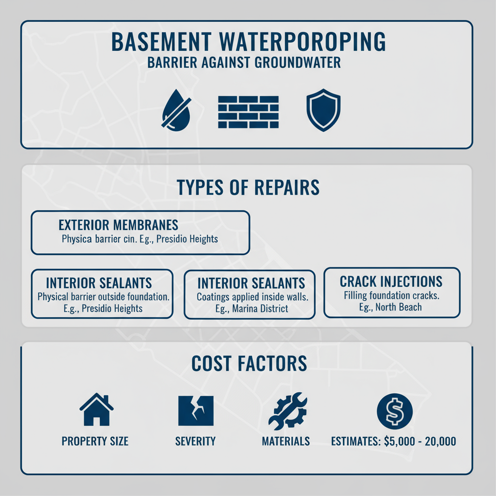 Infographic showing waterproofing definition, repair types, and cost factors for San Francisco foundations