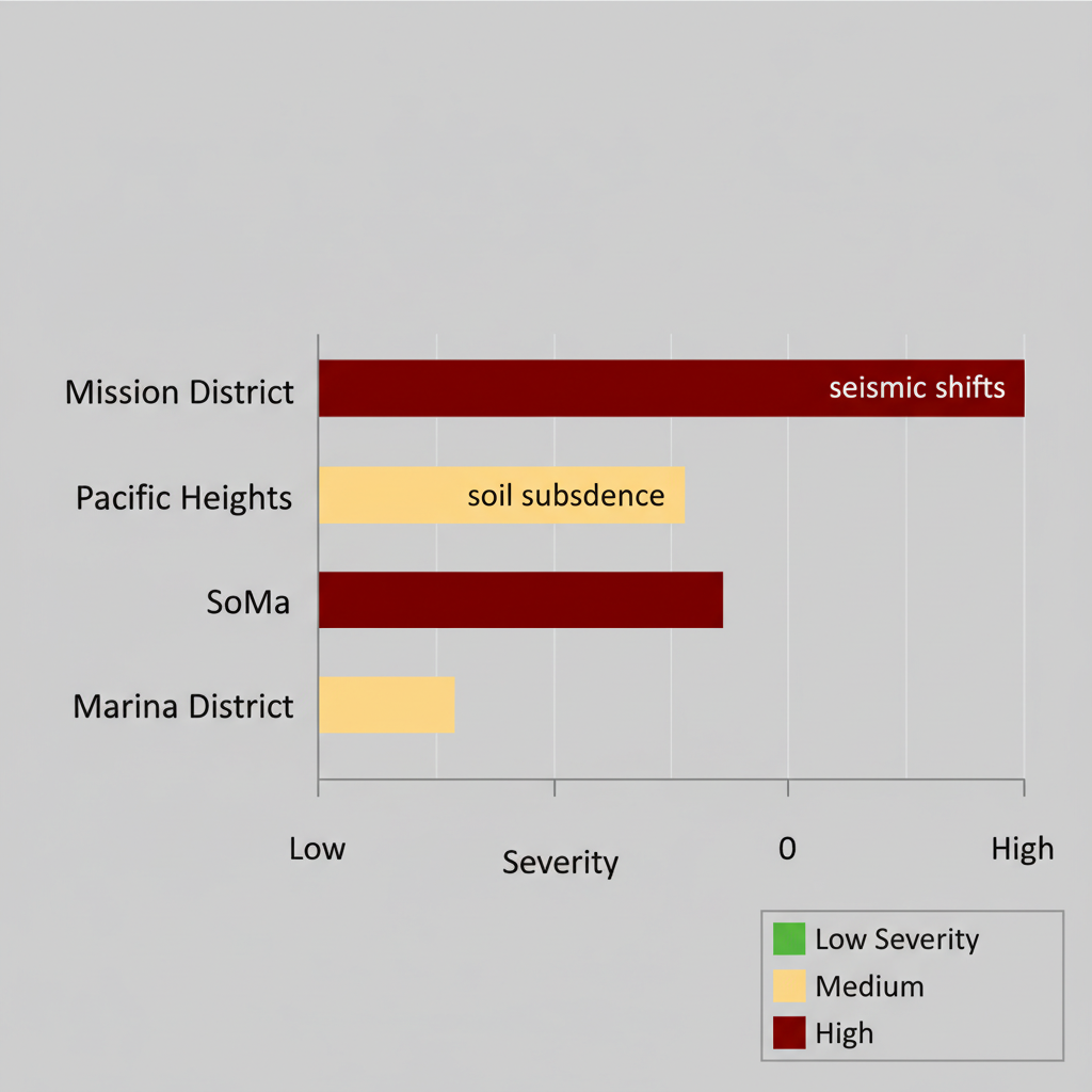 Horizontal bar chart showing concrete crack severity levels in San Francisco neighborhoods like Mission District and Pacific Heights.
