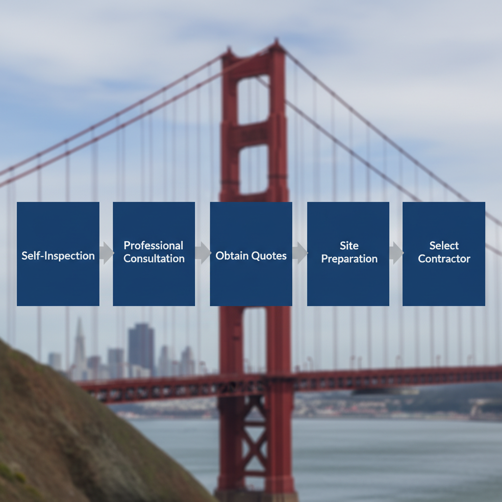 Horizontal process flow diagram outlining five steps for initiating concrete crack repairs in San Francisco