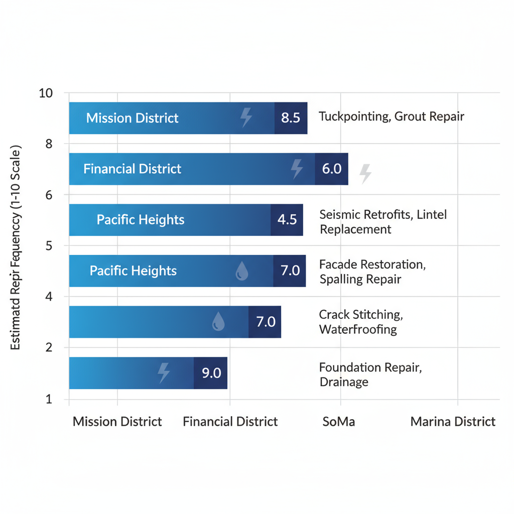 Horizontal bar chart comparing masonry repair frequencies across San Francisco Bay Area neighborhoods