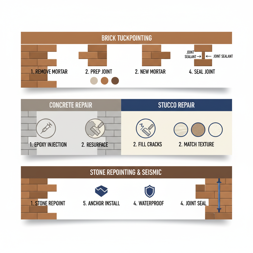 Infographic showing four panels of masonry restoration techniques including brick tuckpointing, concrete reconstruction, stucco repair, and stone repointing with seismic reinforcements.