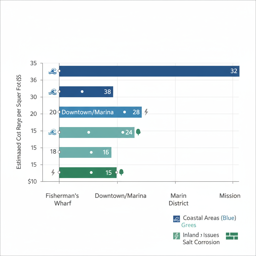 Bar chart illustrating estimated masonry repair costs per square foot in San Francisco neighborhoods including Fisherman's Wharf, Downtown/Marina, Marin County, and Mission District, with icons for common issues like salt corrosion and seismic damage.