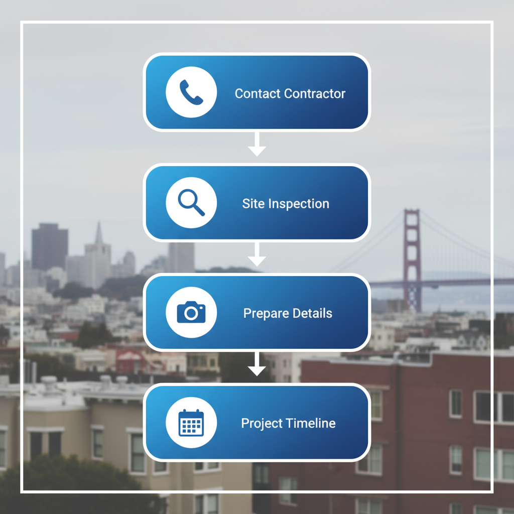 Vertical process flow diagram of five steps to start a masonry repair project in San Francisco with icons