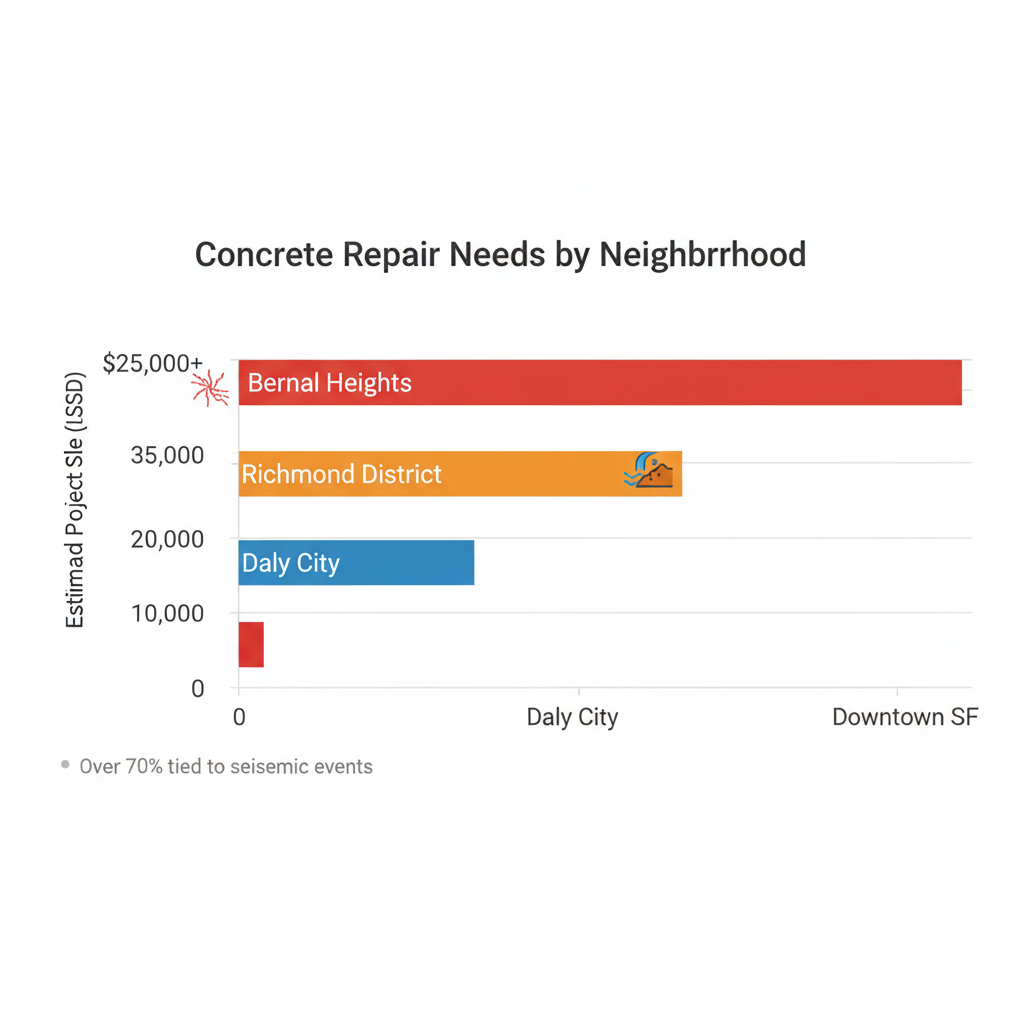 Horizontal bar chart comparing estimated concrete repair project scales in San Francisco neighborhoods like Bernal Heights and Richmond District