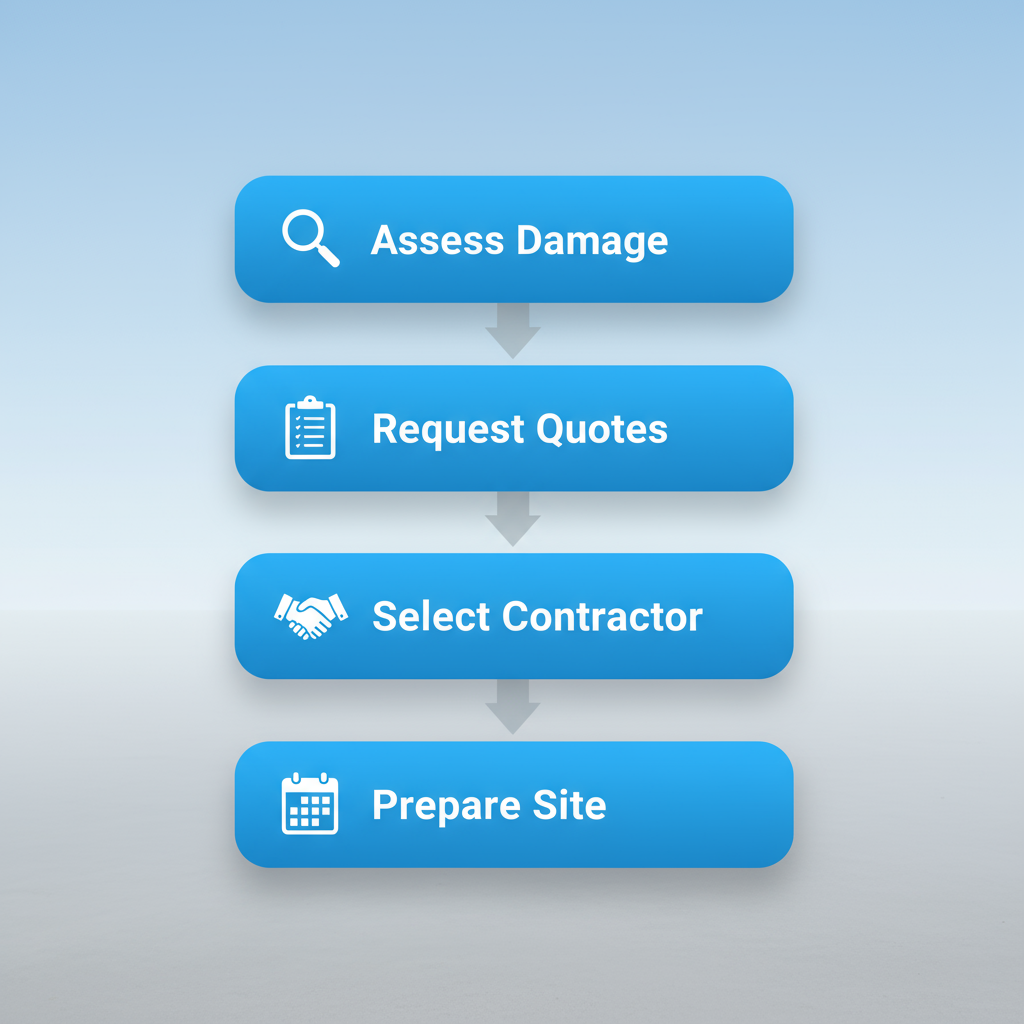 Vertical process flow diagram showing four steps to start concrete repair: damage assessment, request quotes and inspections, contractor selection, and site preparation with timeline.