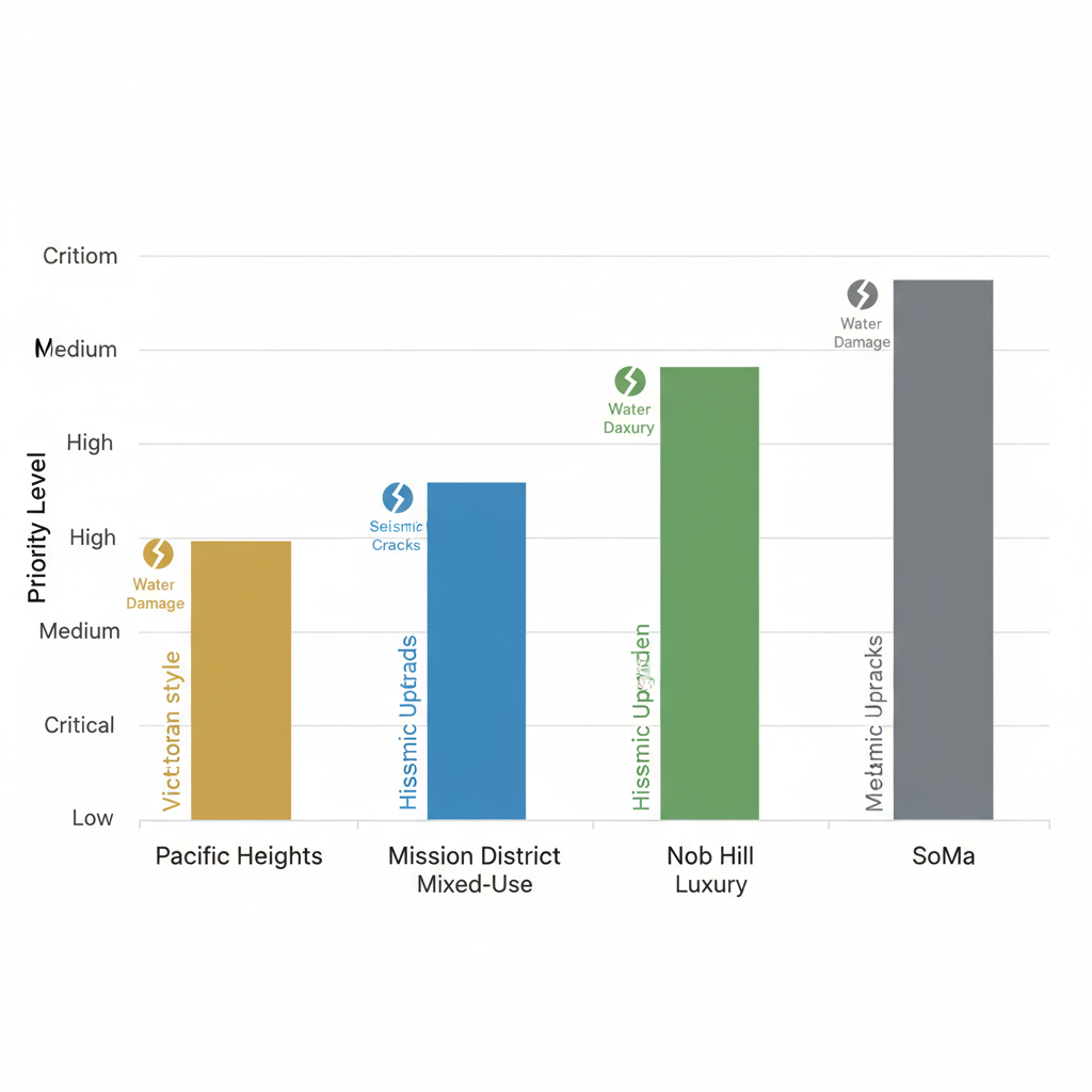 Bar chart comparing facade restoration priorities in San Francisco neighborhoods with icons for common issues